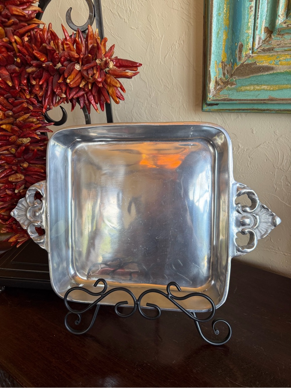 Vintage Mexican Pewter Casserole or Serving Tray with Ornate Handles